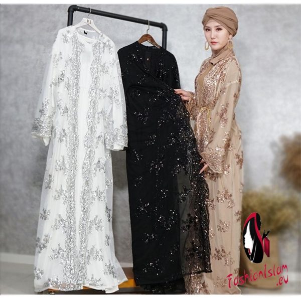 Abaya Muslim Women Cardigan Long Maxi Dress Open Front Robe Kaftan Dubai Jilbab Sequin Lace Embroidery Islamic Kimono Turkey Middle East