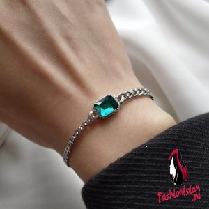 925 Sterling Silver Wide Curb Caban Chain Faceted Rectangular Emerald Green Crystal Bracelet For Female Party Fashion Jewelry
